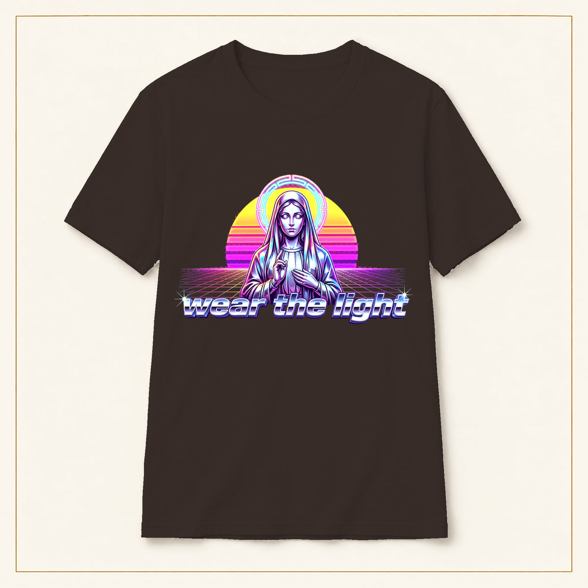 Vaporwave Madonna T-Shirt — Wear the Light — compact lay-flat, original print scale and placement — Dark Chocolate