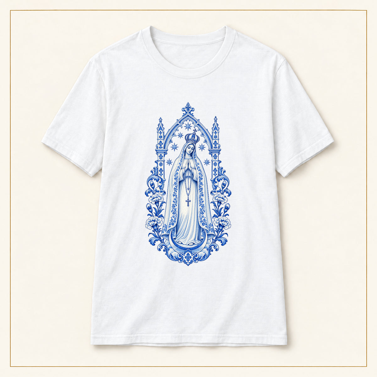 Our Lady of Fátima T-Shirt — Queen of Heaven Azulejo — compact lay-flat, original print scale and placement — White