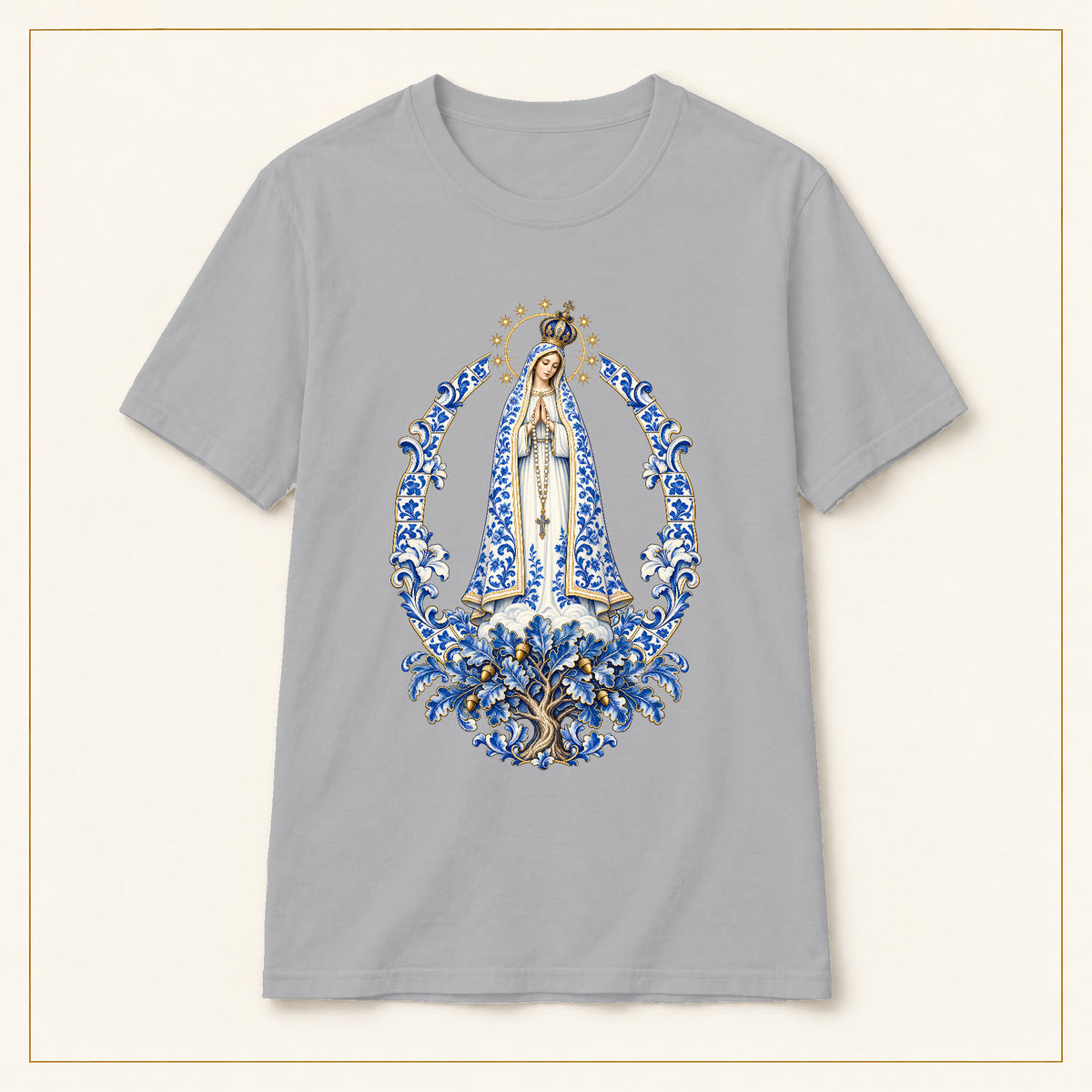 Our Lady of Fátima T-Shirt — Oak Tree Apparition Azulejo — compact lay-flat, original print scale and placement — Sport Grey