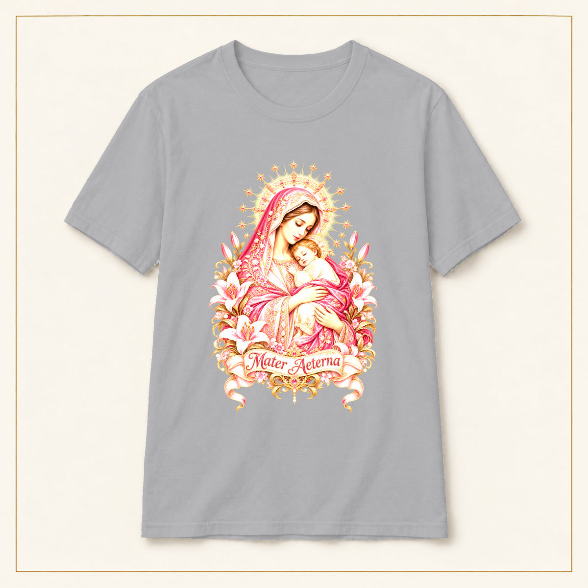 Mother of Mercy T-Shirt — Rose & Gold — compact lay-flat, original print scale and placement — Sport Grey