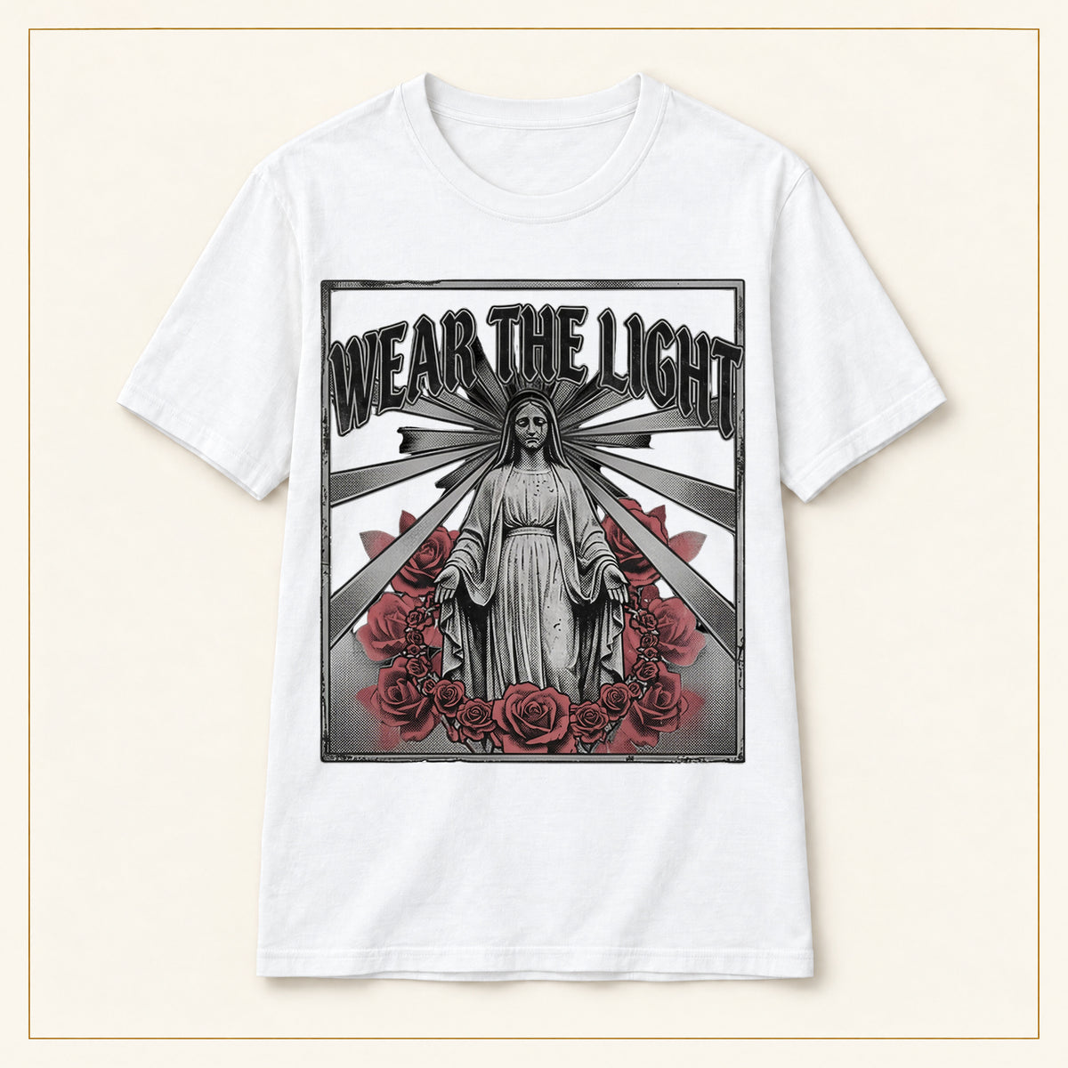 Vintage Rose T-Shirt — Wear the Light — compact lay-flat, original print scale and placement — White