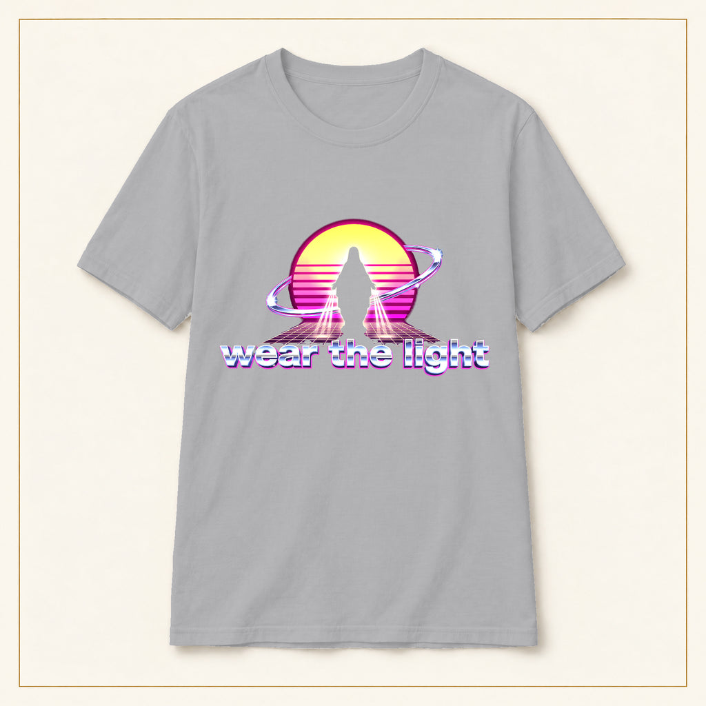 Retro Sunset Sci-Fi T-Shirt — Wear the Light — compact lay-flat, original print scale and placement — Sport Grey