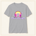 Retro Sunset Sci-Fi T-Shirt — Wear the Light — compact lay-flat, original print scale and placement — Sport Grey