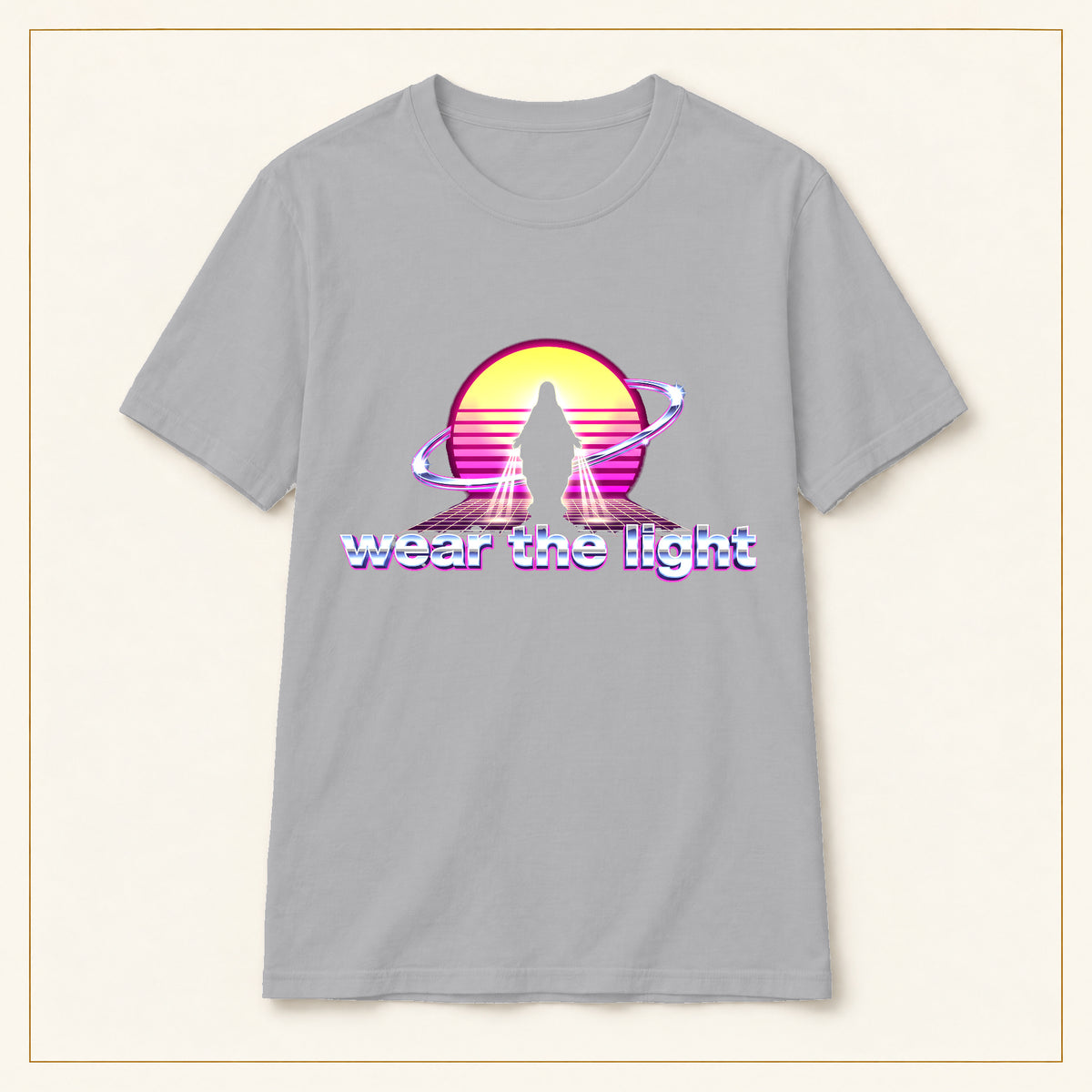 Retro Sunset Sci-Fi T-Shirt — Wear the Light — compact lay-flat, original print scale and placement — Sport Grey