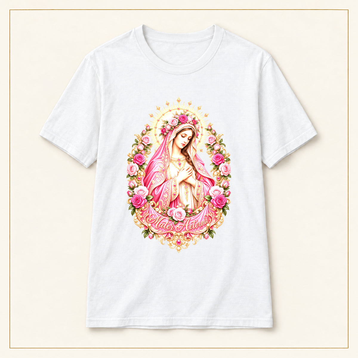 Our Lady of Guadalupe T-Shirt — Pink Floral Portrait — compact lay-flat, original print scale and placement — White
