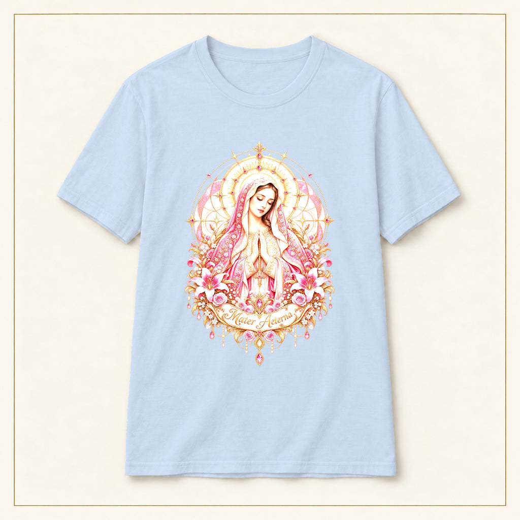 Virgin Mary T-Shirt — Pastel Floral Prayer — compact lay-flat, original print scale and placement — Light Blue