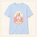 Virgin Mary T-Shirt — Pastel Floral Prayer — compact lay-flat, original print scale and placement — Light Blue
