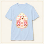 Virgin Mary T-Shirt — Pastel Floral Prayer — compact lay-flat, original print scale and placement — Light Blue