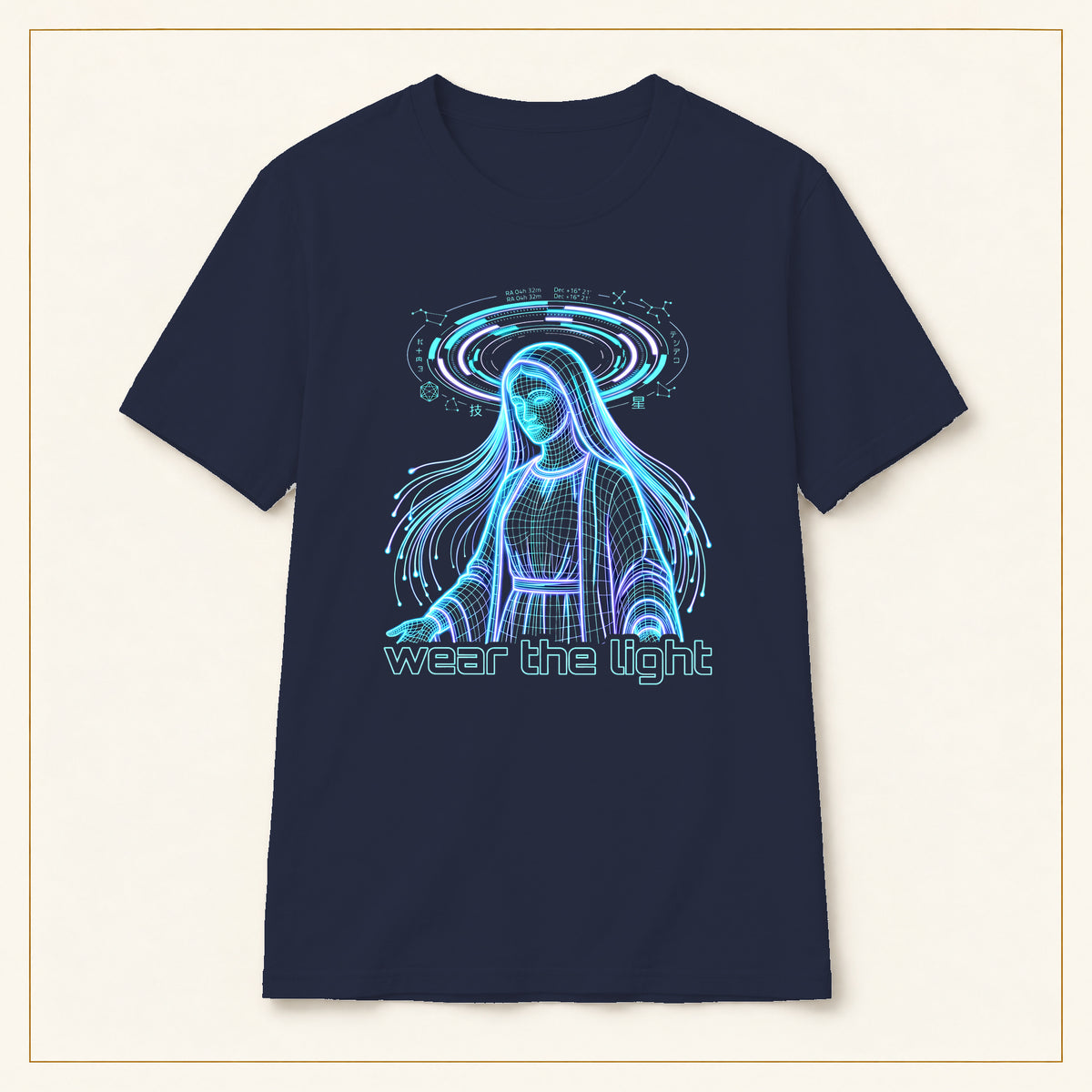 Ethereal Water Spirit T-Shirt — Blue Illustration — compact lay-flat, original print scale and placement — Navy