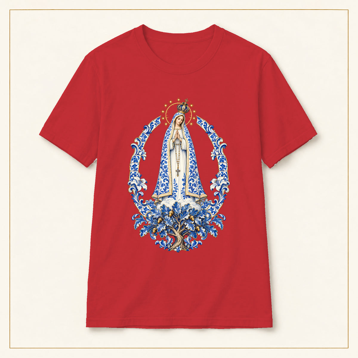 Our Lady of Fátima T-Shirt — Oak Tree Apparition Azulejo — compact lay-flat, original print scale and placement — Red