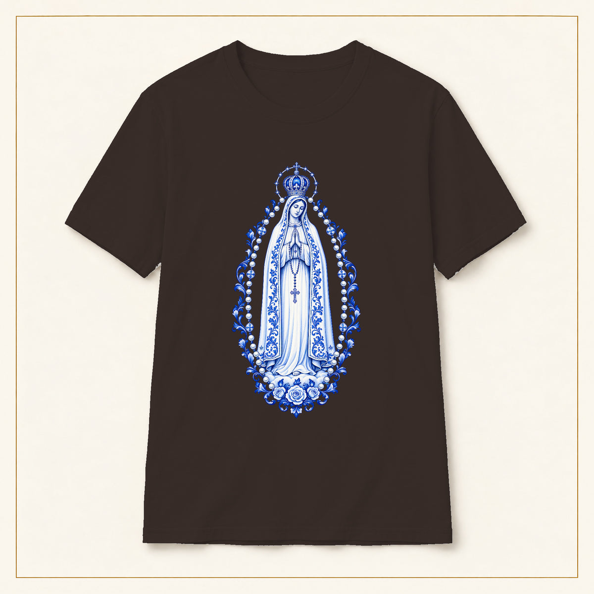 Our Lady of Fátima T-Shirt — Rosary Mandorla Azulejo — compact lay-flat, original print scale and placement — Dark Chocolate