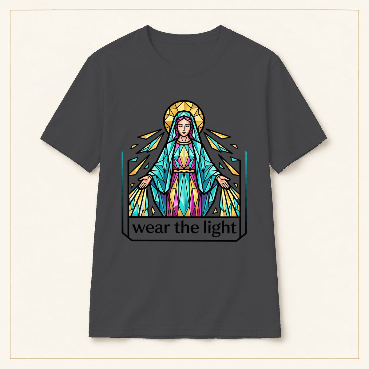 Stained Glass Virgin Mary T-Shirt — Wear the Light — compact lay-flat, original print scale and placement — Dark Heather