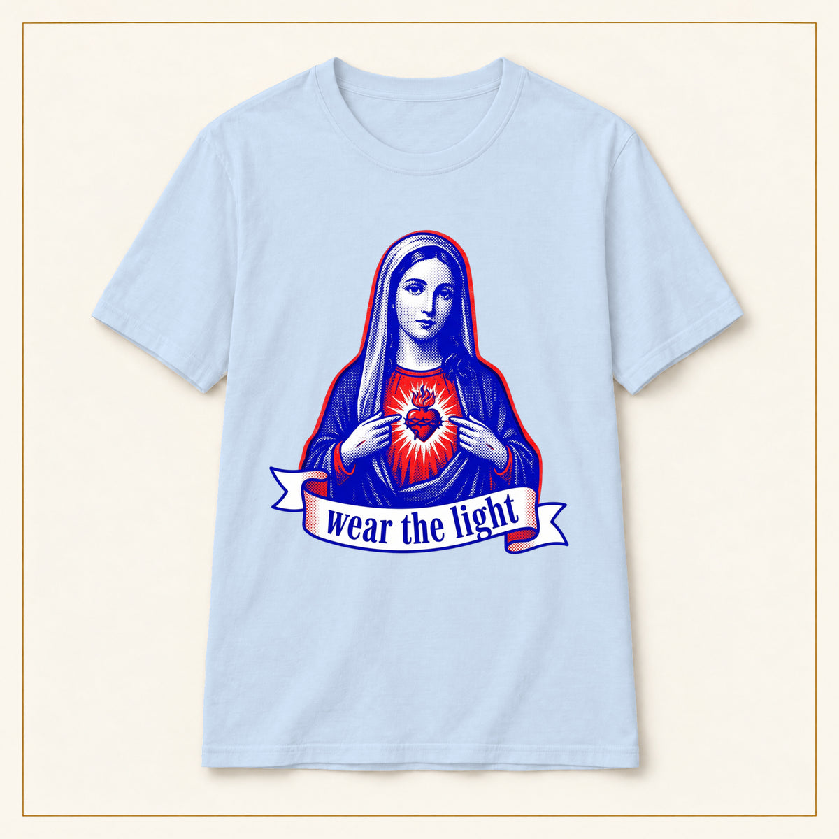 Sacred Heart Mary T-Shirt — Wear the Light — compact lay-flat, original print scale and placement — Light Blue