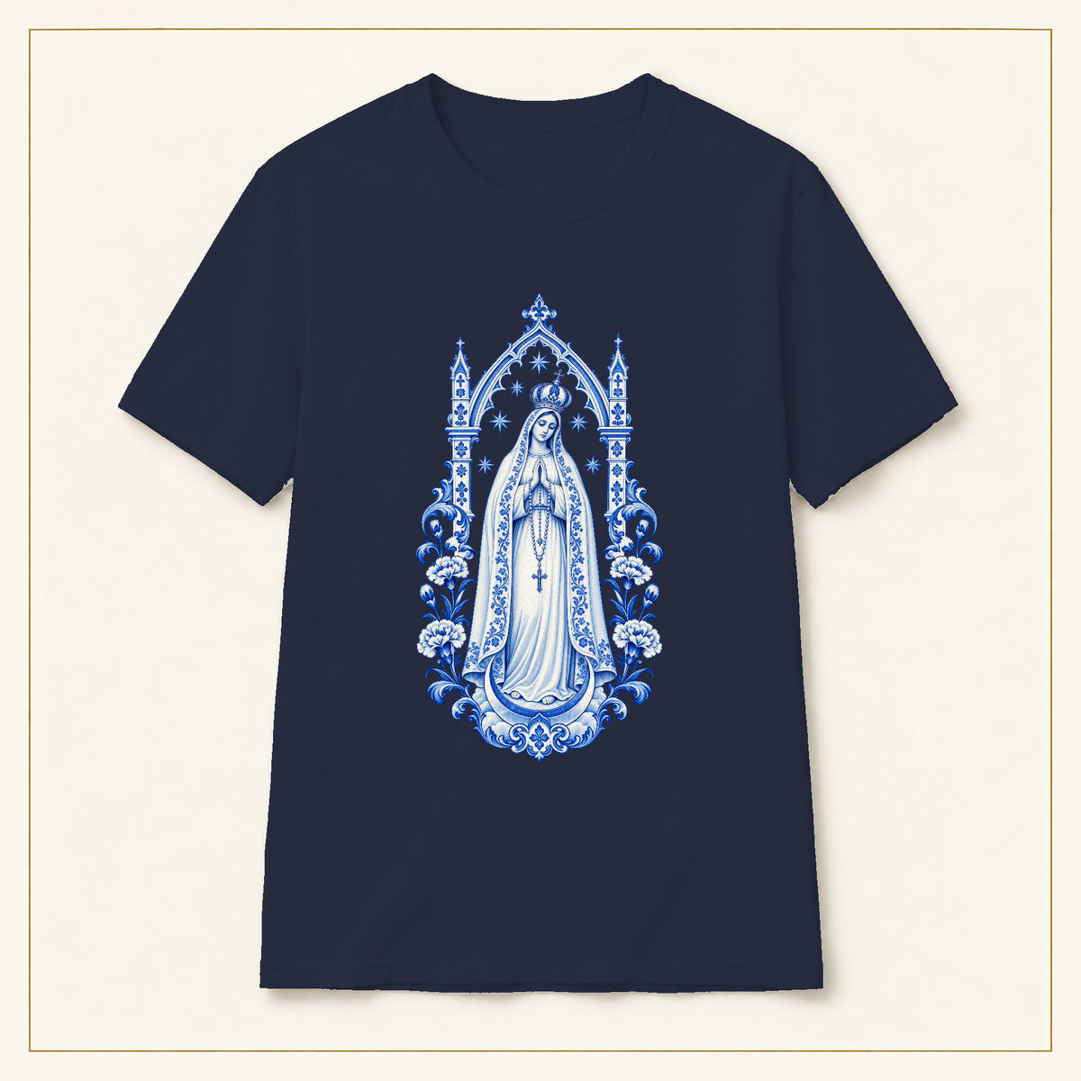 Our Lady of Fátima T-Shirt — Queen of Heaven Azulejo — compact lay-flat, original print scale and placement — Navy