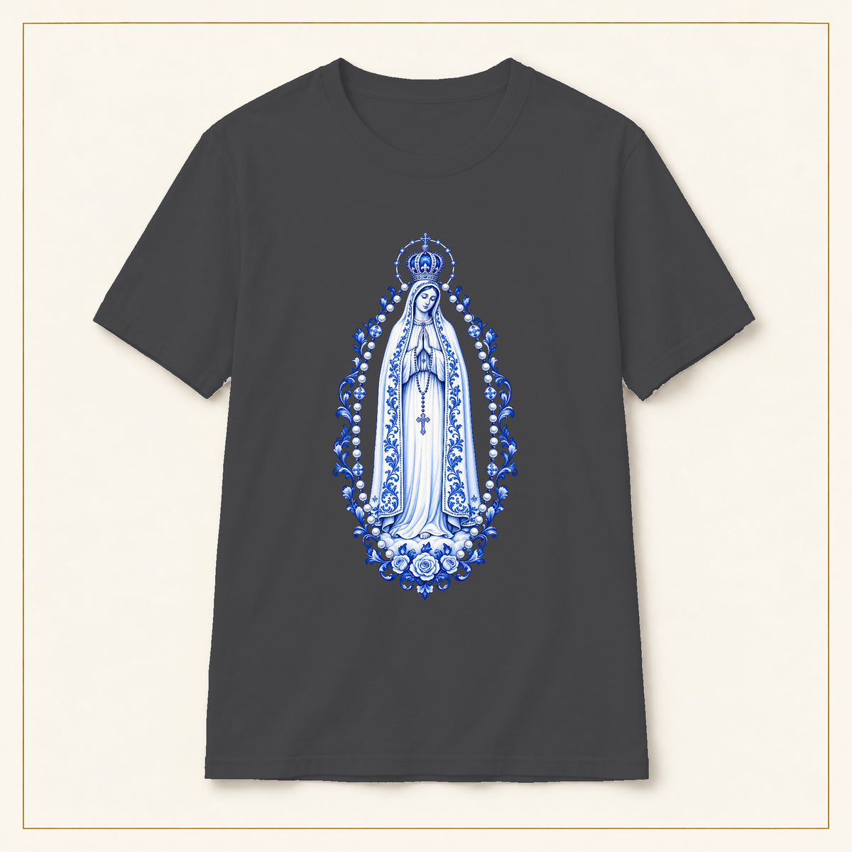 Our Lady of Fátima T-Shirt — Rosary Mandorla Azulejo — compact lay-flat, original print scale and placement — Dark Heather