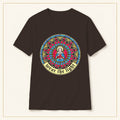 Mary Stained Glass T-Shirt — Wear the Light — compact lay-flat, original print scale and placement — Dark Chocolate