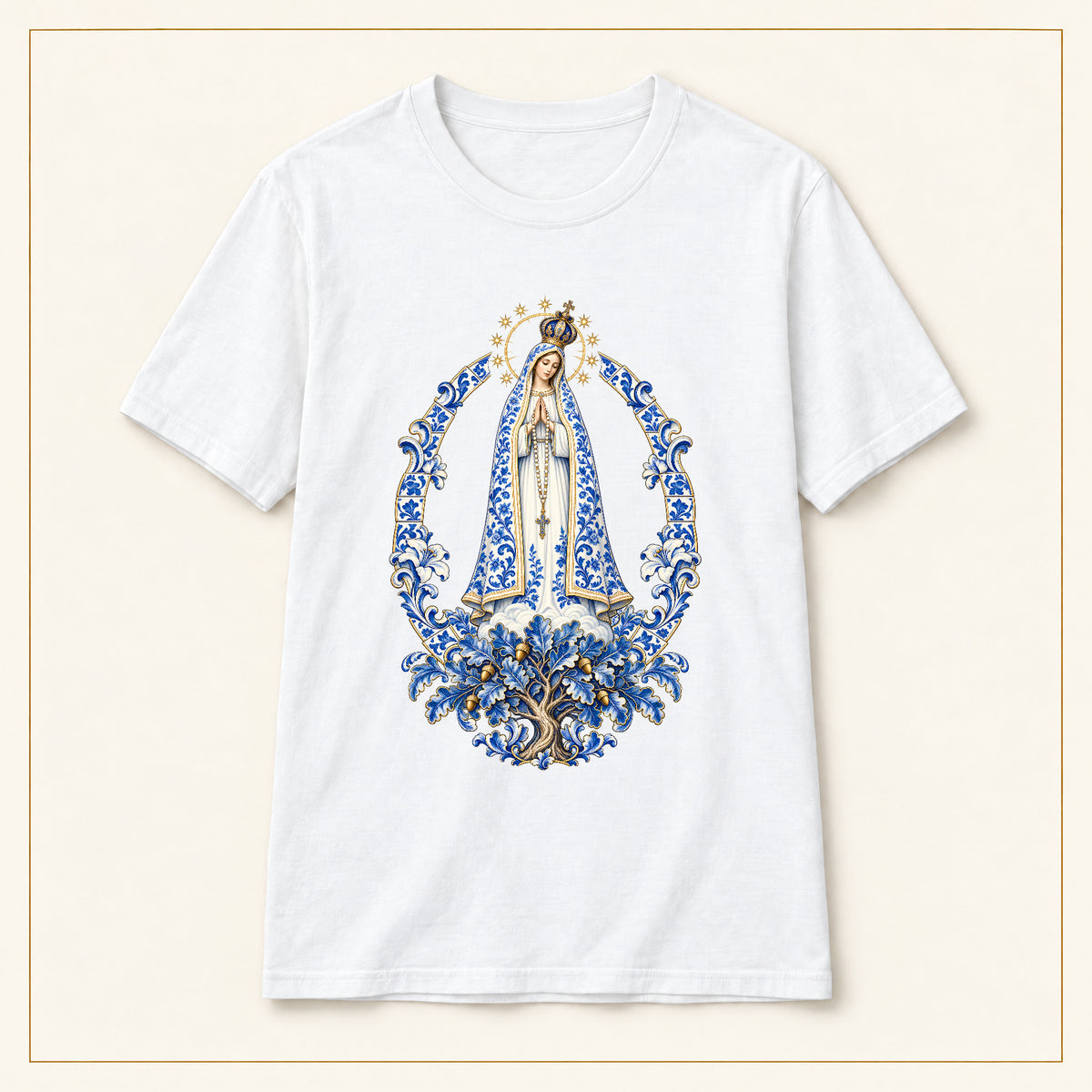 Our Lady of Fátima T-Shirt — Oak Tree Apparition Azulejo — compact lay-flat, original print scale and placement — White