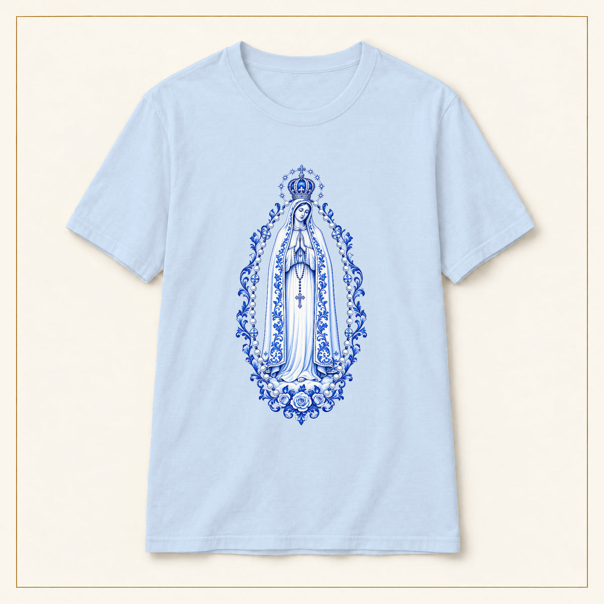 Our Lady of Fátima T-Shirt — Rosary Mandorla Azulejo — compact lay-flat, original print scale and placement — Light Blue
