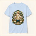 Our Lady of Good Help T-Shirt — Champion Medallion — compact lay-flat, original print scale and placement — Light Blue