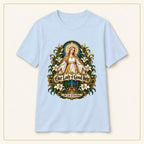Our Lady of Good Help T-Shirt — Champion Medallion — compact lay-flat, original print scale and placement — Light Blue