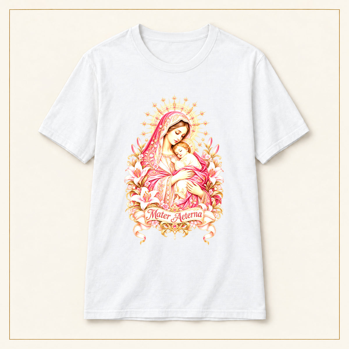 Mother of Mercy T-Shirt — Rose & Gold — compact lay-flat, original print scale and placement — White