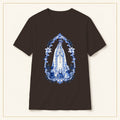 Our Lady of Fátima T-Shirt — Shepherd Children Azulejo — compact lay-flat, original print scale and placement — Dark Chocolate