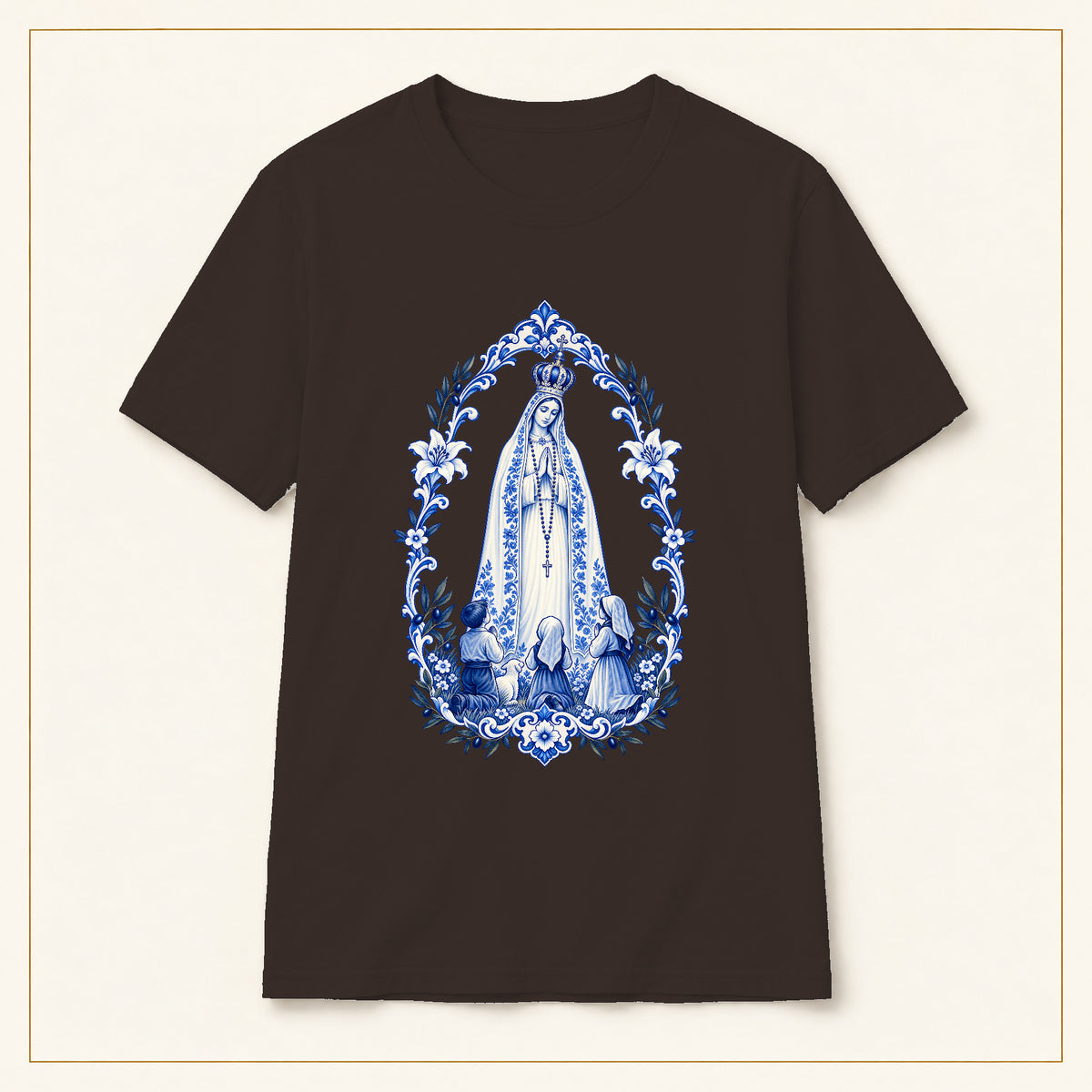 Our Lady of Fátima T-Shirt — Shepherd Children Azulejo — compact lay-flat, original print scale and placement — Dark Chocolate