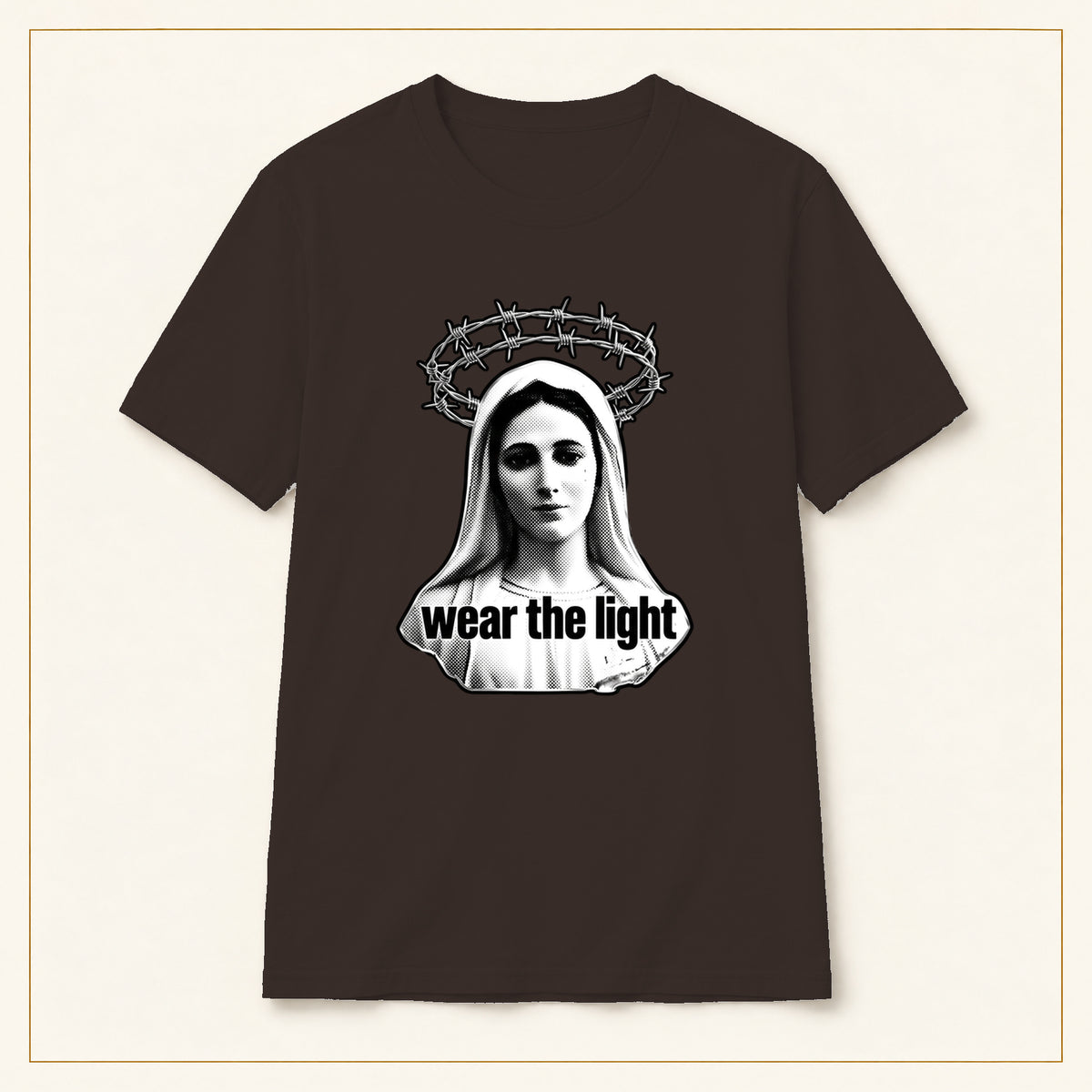 Madonna T-Shirt — Monochrome Crown of Thorns — compact lay-flat, original print scale and placement — Dark Chocolate