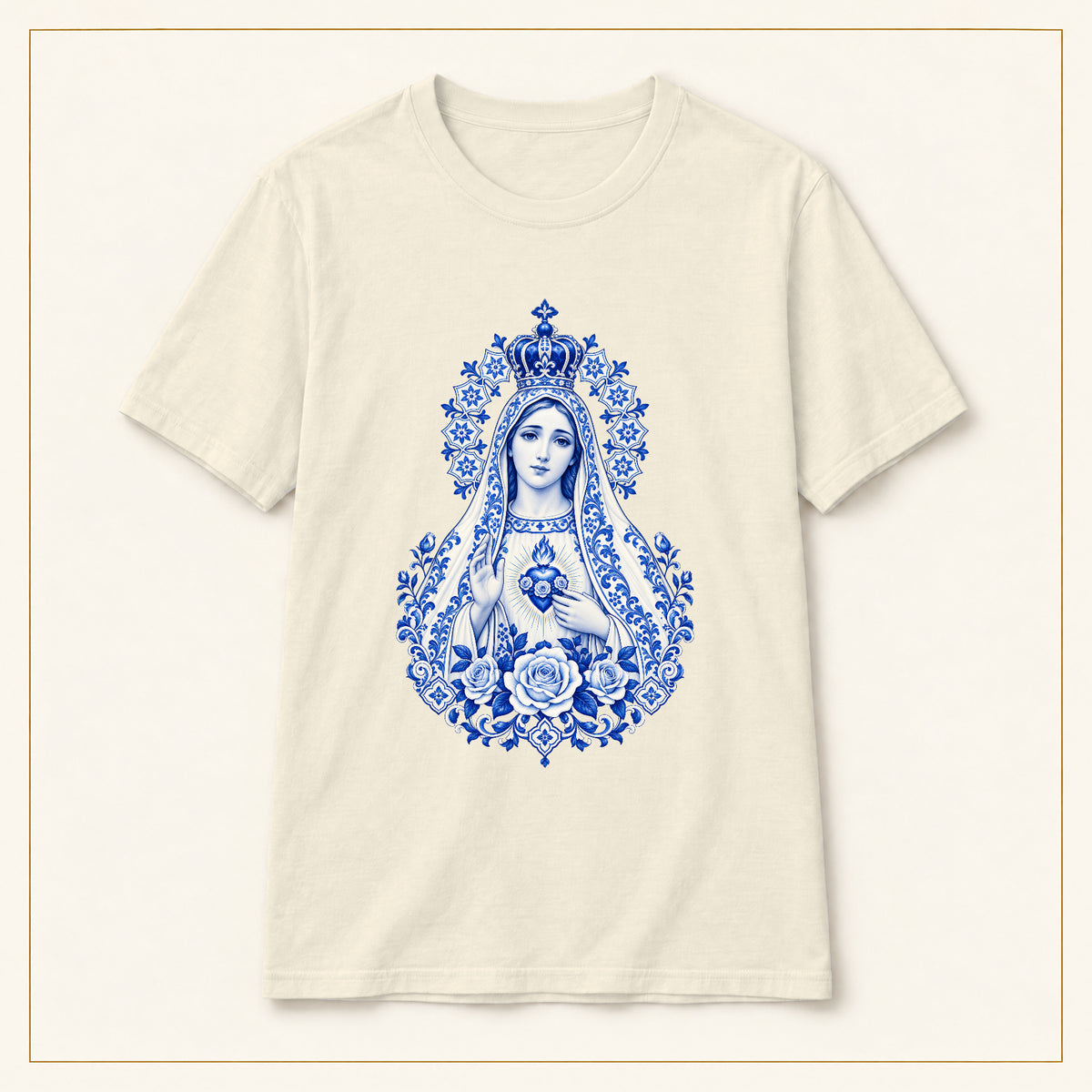 Our Lady of Fátima T-Shirt — Immaculate Heart Azulejo — compact lay-flat, original print scale and placement — Natural
