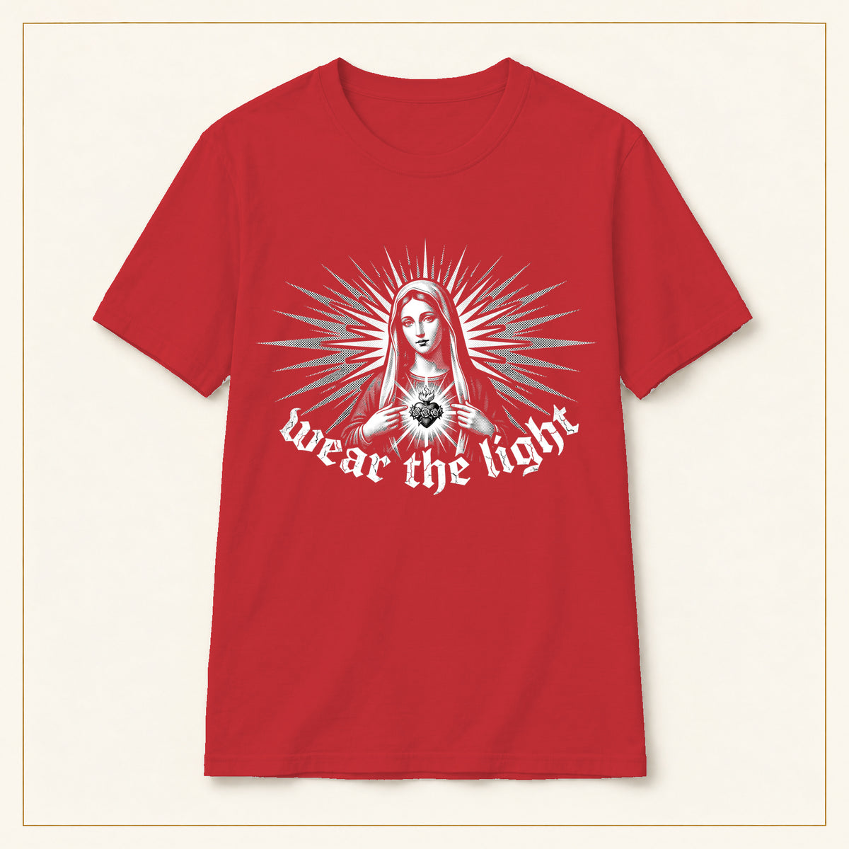 Radiant Madonna T-Shirt — Gothic Sacred Art — compact lay-flat, original print scale and placement — Red