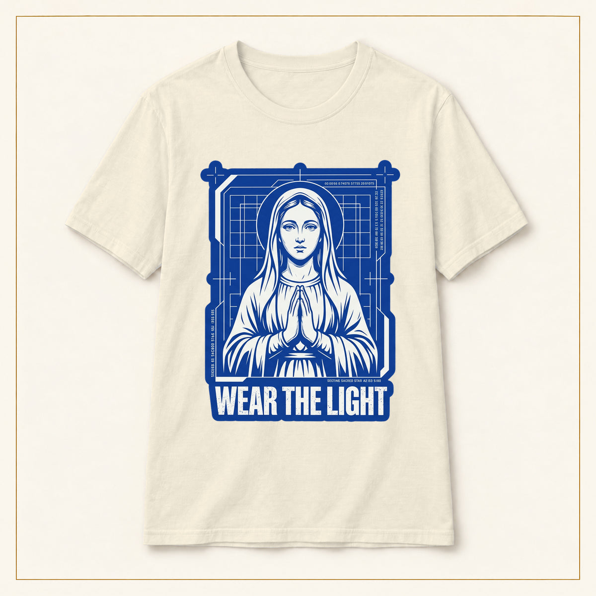 Retro Sacred Madonna T-Shirt — Wear the Light — compact lay-flat, original print scale and placement — Natural
