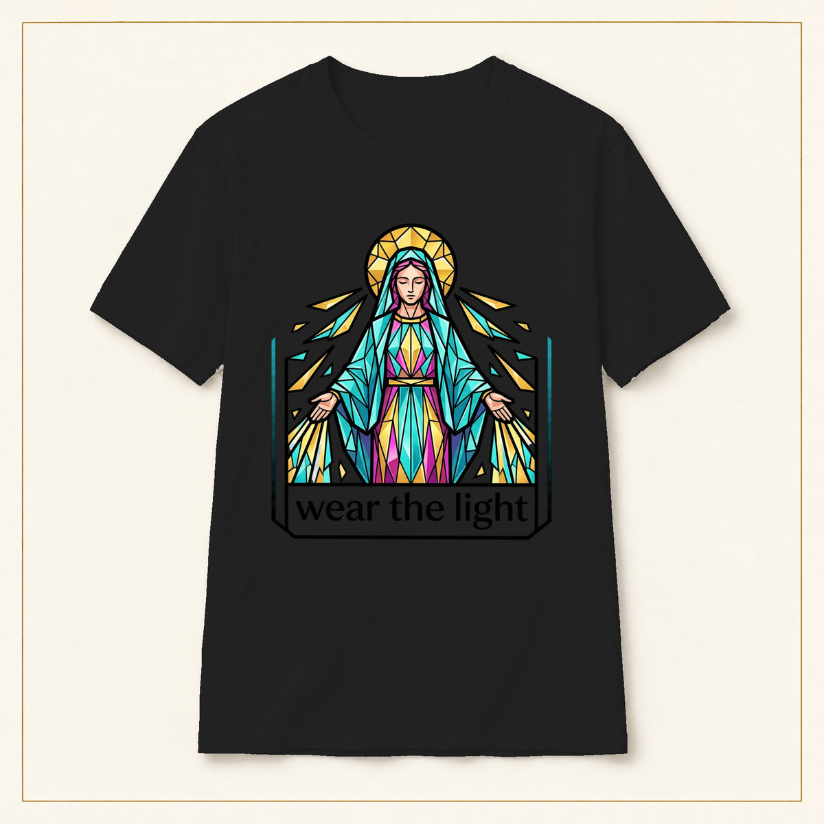 Stained Glass Virgin Mary T-Shirt — Wear the Light — compact lay-flat, original print scale and placement — Black