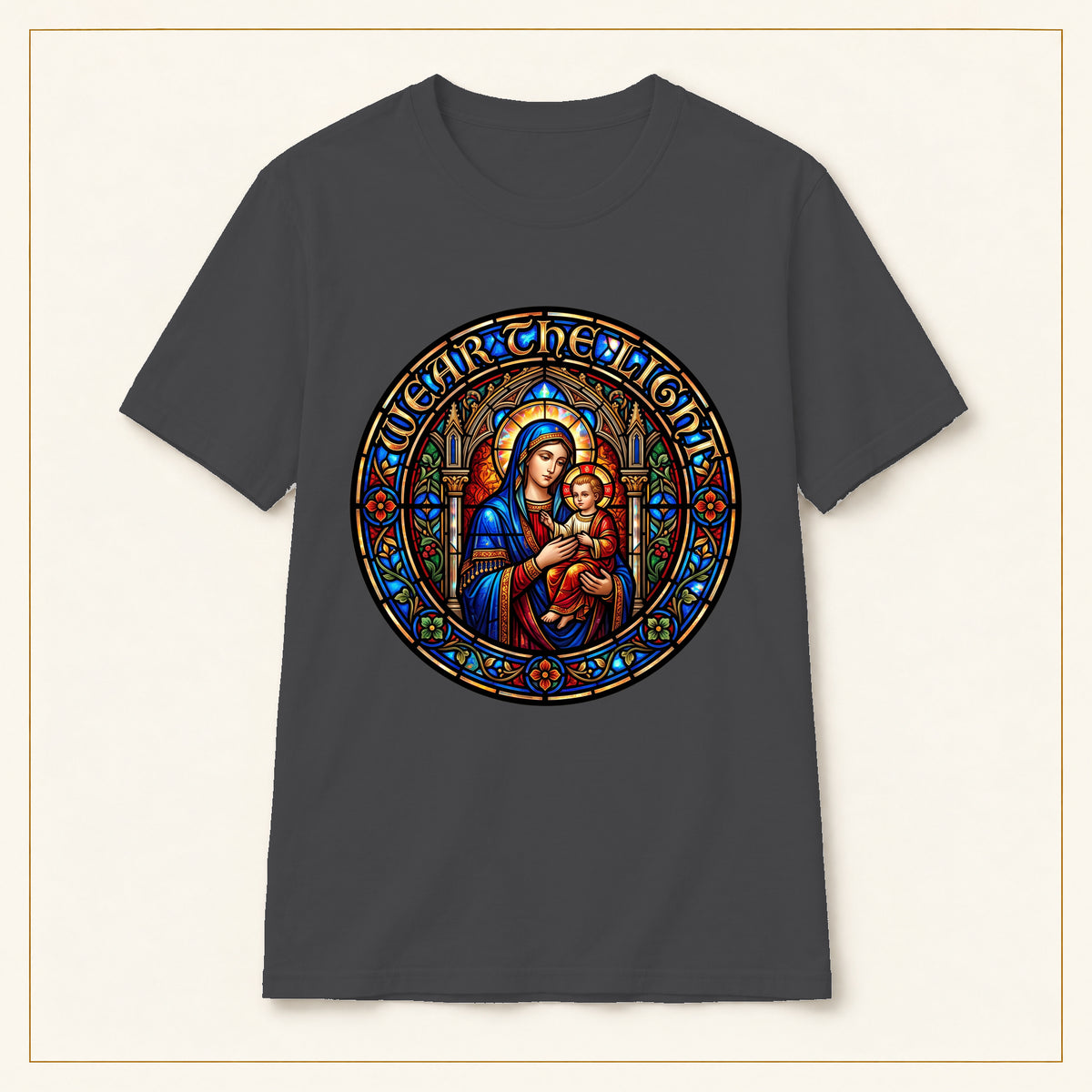 Madonna & Child T-Shirt — Stained Glass — compact lay-flat, original print scale and placement — Dark Heather