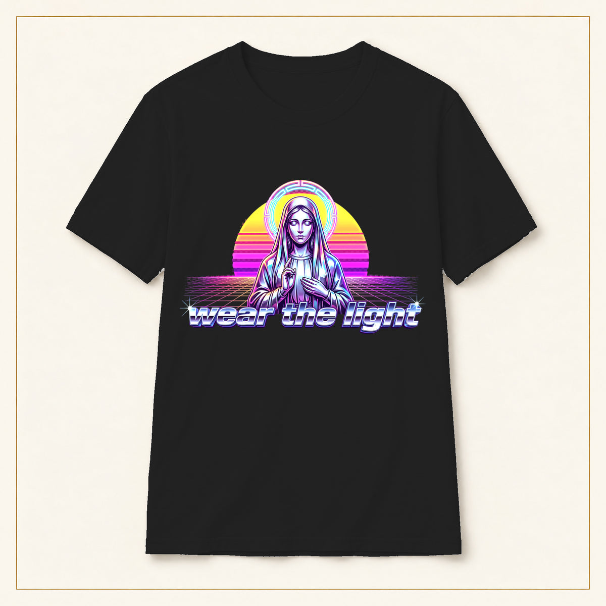 Vaporwave Madonna T-Shirt — Wear the Light — compact lay-flat, original print scale and placement — Black