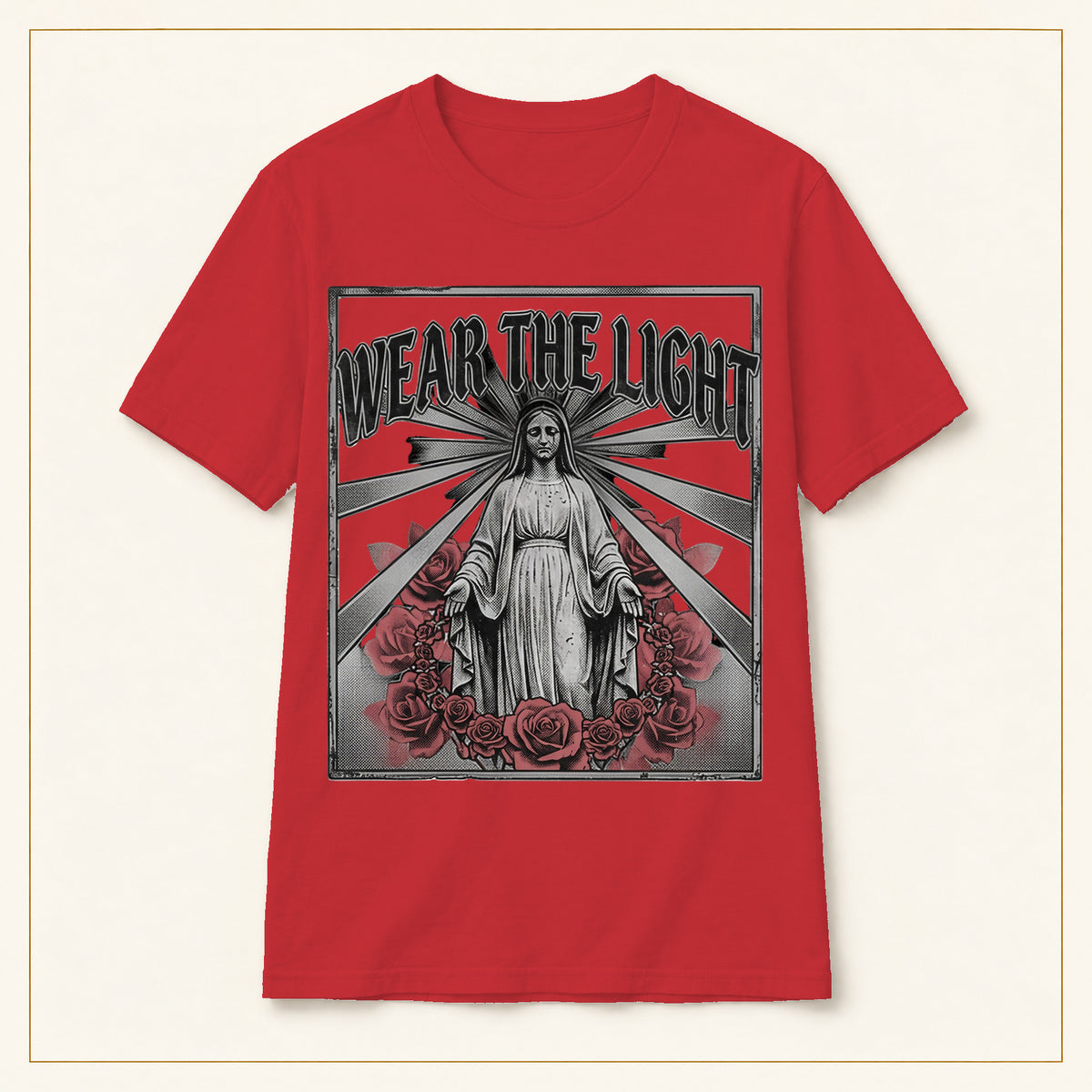 Vintage Rose T-Shirt — Wear the Light — compact lay-flat, original print scale and placement — Red