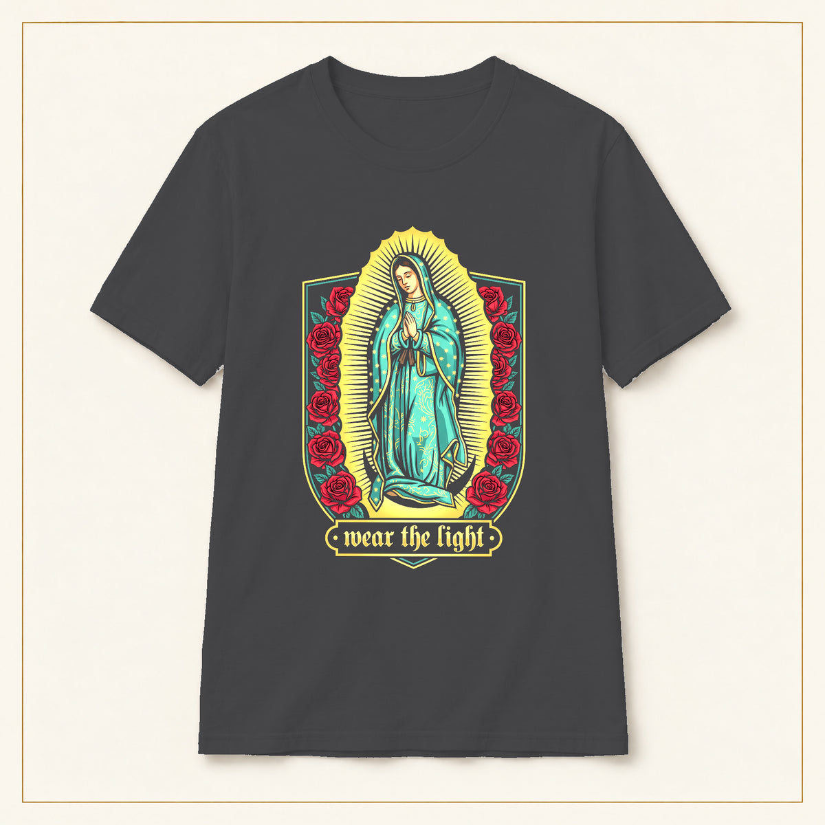 Our Lady of Guadalupe T-Shirt — Floral Devotional — compact lay-flat, original print scale and placement — Dark Heather