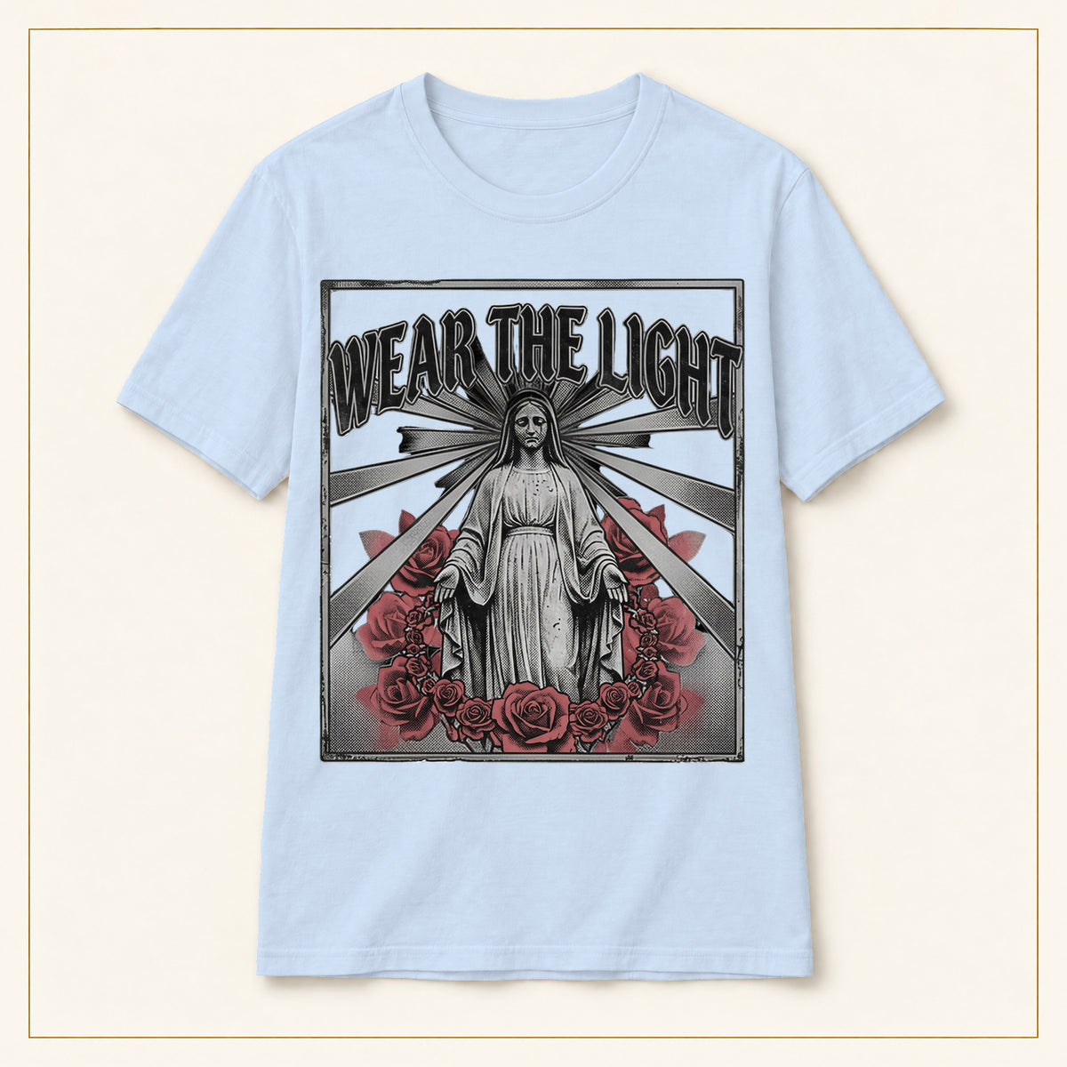 Vintage Rose T-Shirt — Wear the Light — compact lay-flat, original print scale and placement — Light Blue