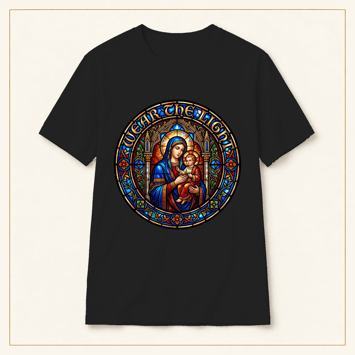 Madonna & Child T-Shirt — Stained Glass — compact lay-flat, original print scale and placement — Black
