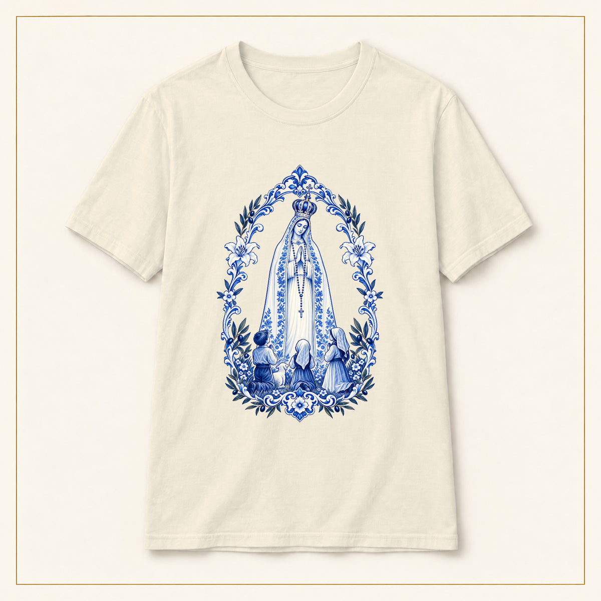 Our Lady of Fátima T-Shirt — Shepherd Children Azulejo — compact lay-flat, original print scale and placement — Natural