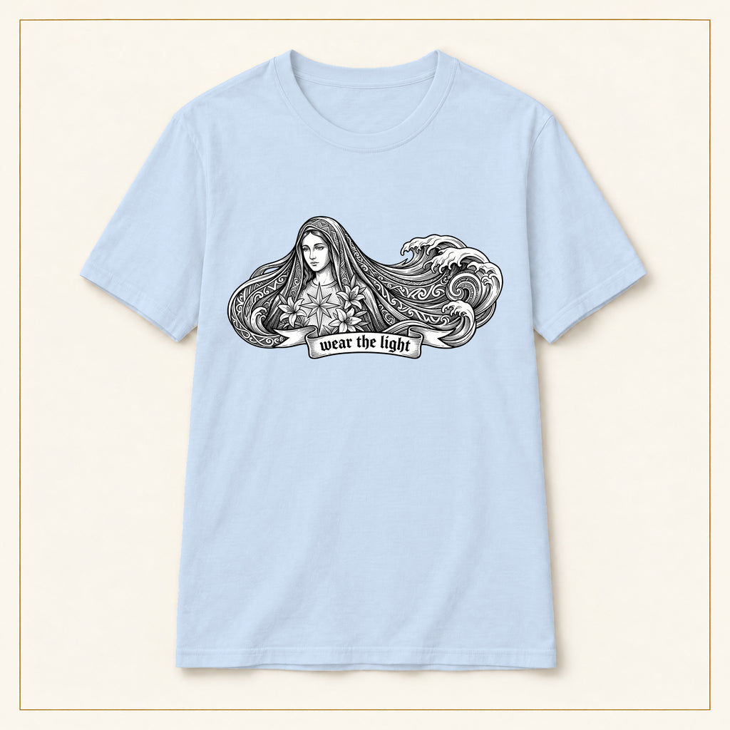 Wave Woman T-Shirt — Japanese-Inspired Ink Illustration — compact lay-flat, original print scale and placement — Light Blue