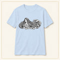 Wave Woman T-Shirt — Japanese-Inspired Ink Illustration — compact lay-flat, original print scale and placement — Light Blue