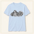 Wave Woman T-Shirt — Japanese-Inspired Ink Illustration — compact lay-flat, original print scale and placement — Light Blue