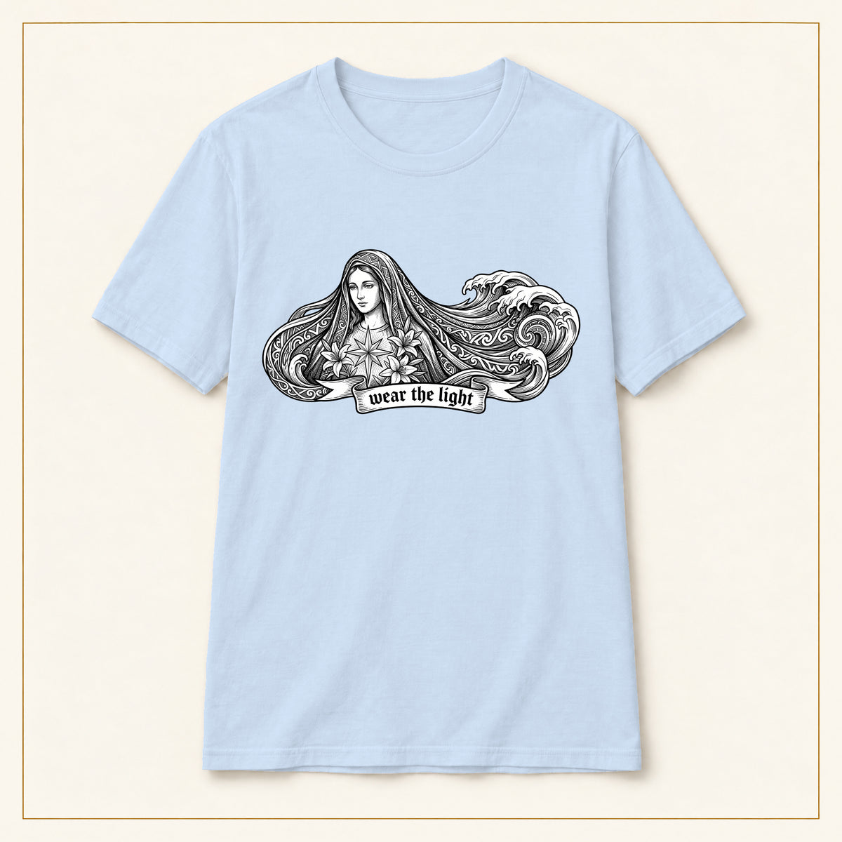 Wave Woman T-Shirt — Japanese-Inspired Ink Illustration — compact lay-flat, original print scale and placement — Light Blue