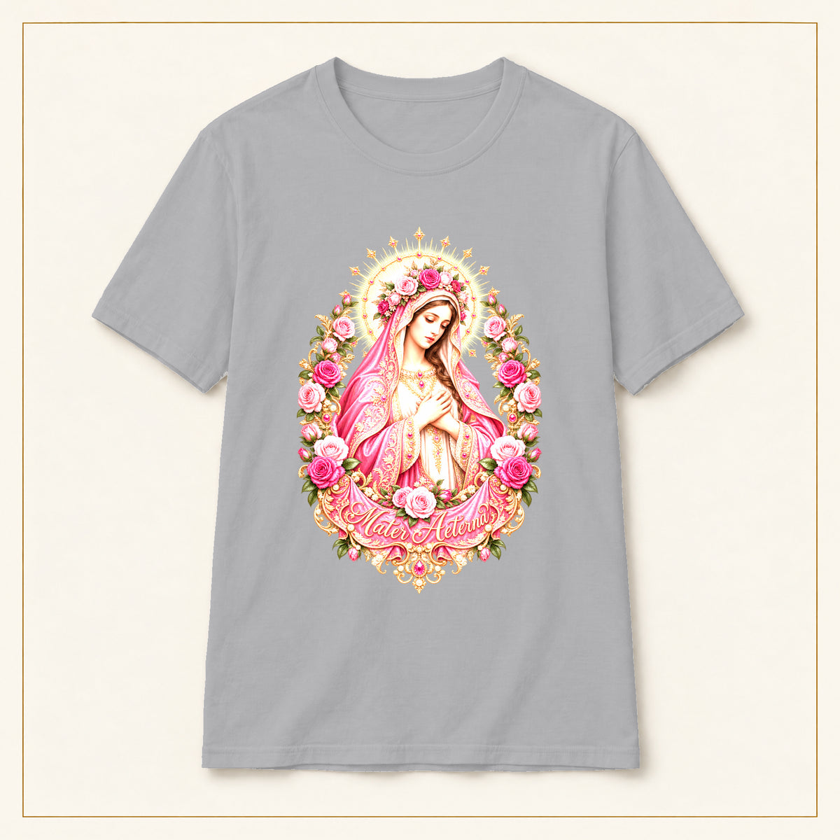 Our Lady of Guadalupe T-Shirt — Pink Floral Portrait — compact lay-flat, original print scale and placement — Sport Grey