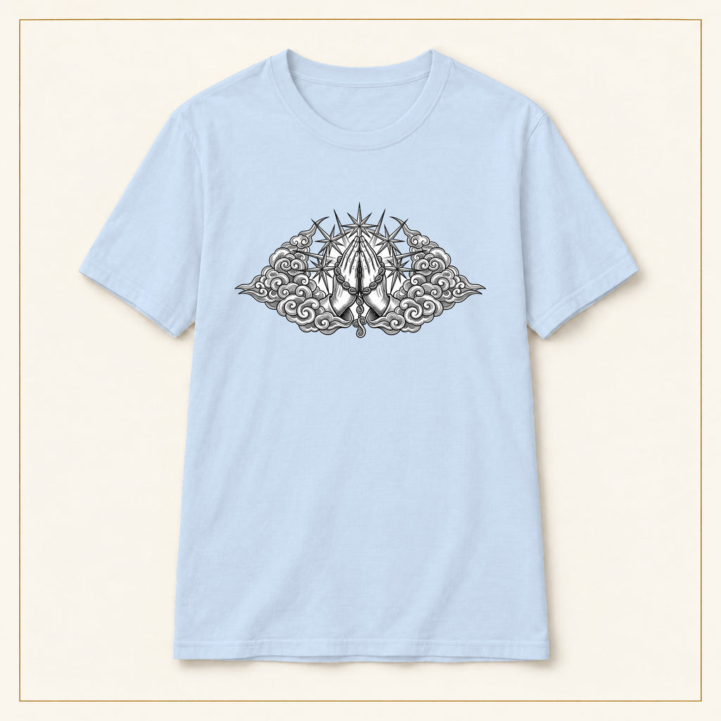 Occult Trident Graphic T-Shirt — Gothic Sigil Chest Design — compact lay-flat, original print scale and placement — Light Blue