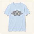 Occult Trident Graphic T-Shirt — Gothic Sigil Chest Design — compact lay-flat, original print scale and placement — Light Blue
