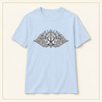 Occult Trident Graphic T-Shirt — Gothic Sigil Chest Design — compact lay-flat, original print scale and placement — Light Blue