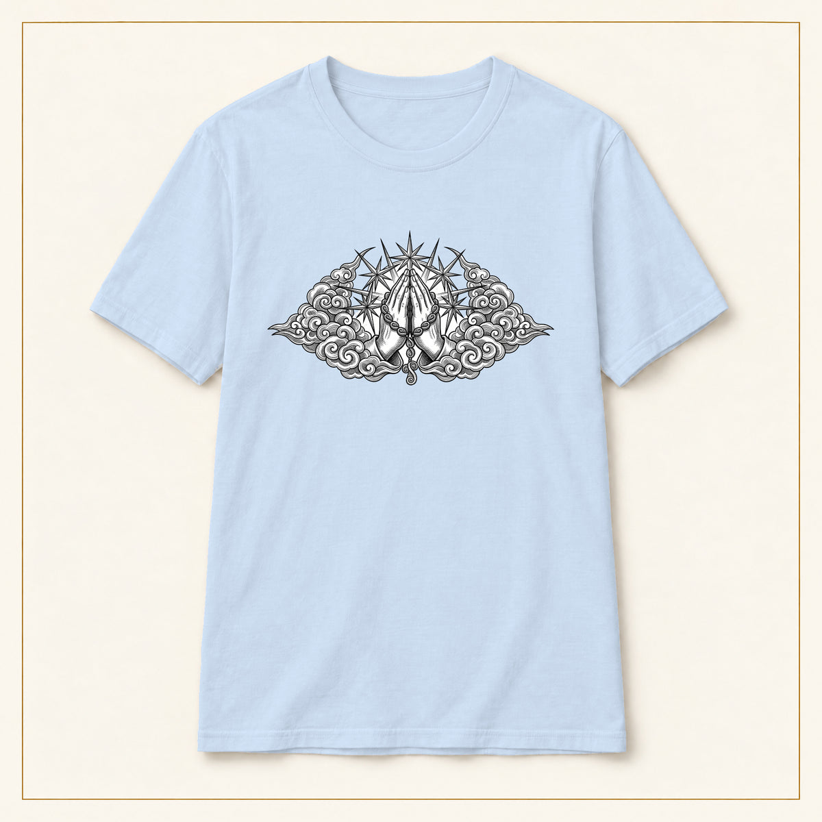 Occult Trident Graphic T-Shirt — Gothic Sigil Chest Design — compact lay-flat, original print scale and placement — Light Blue