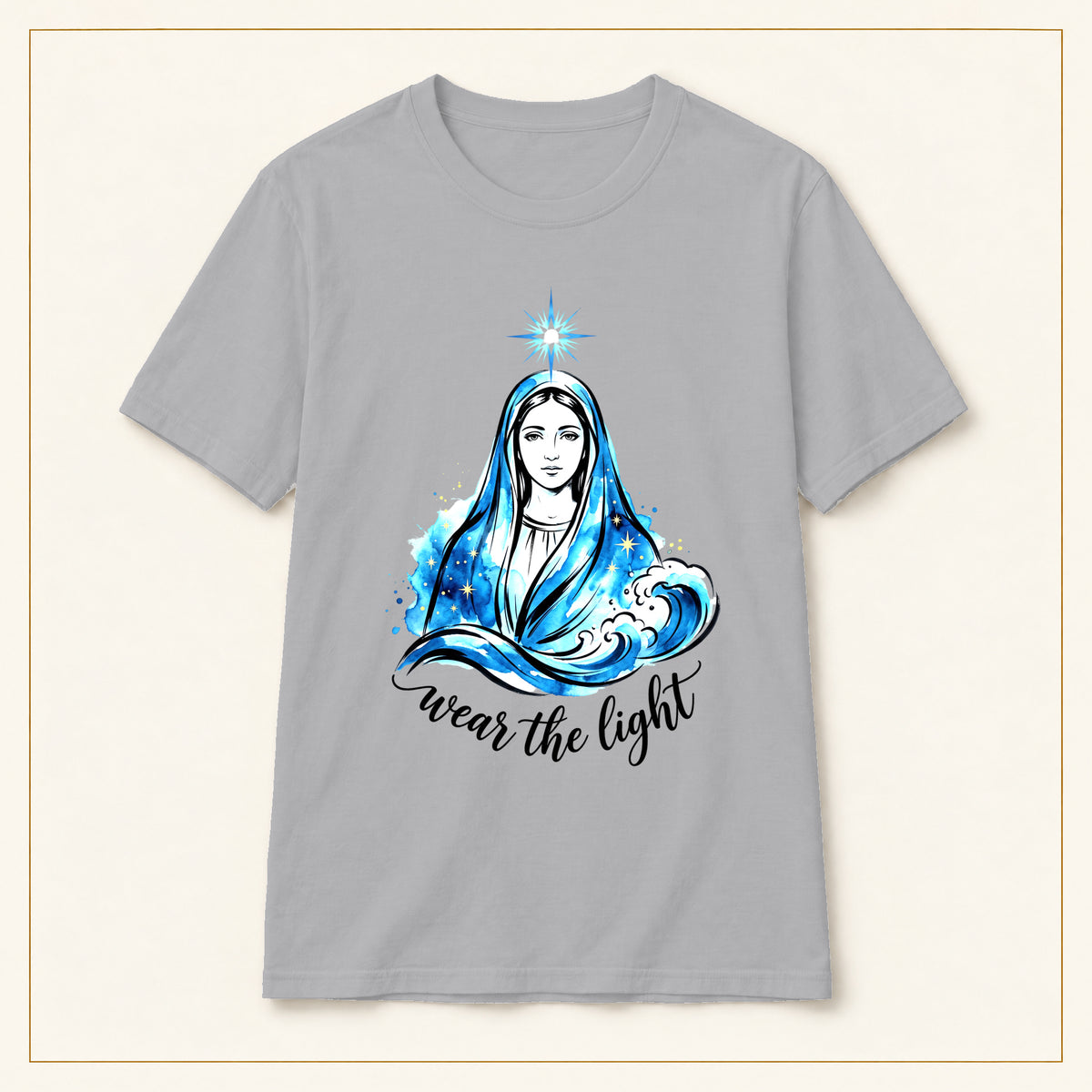 Virgin Mary Illustration T-Shirt — Wear the Light — compact lay-flat, original print scale and placement — Sport Grey