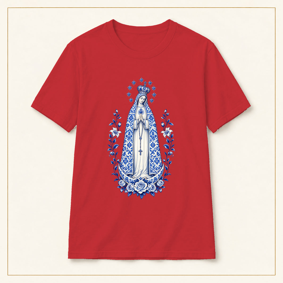 Our Lady of Fátima T-Shirt — Crowned Roses Azulejo — compact lay-flat, original print scale and placement — Red